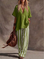 Casual Linen And Cotton Top And Striped Pants Two-piece Set
