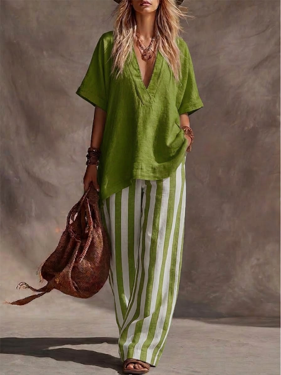 Casual Linen And Cotton Top And Striped Pants Two-piece Set