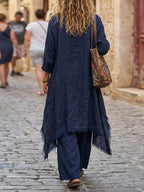 Women's Cowl-neck Long-sleeve Top And High-waisted Loose Wide-leg Pants Cotton-linen Set