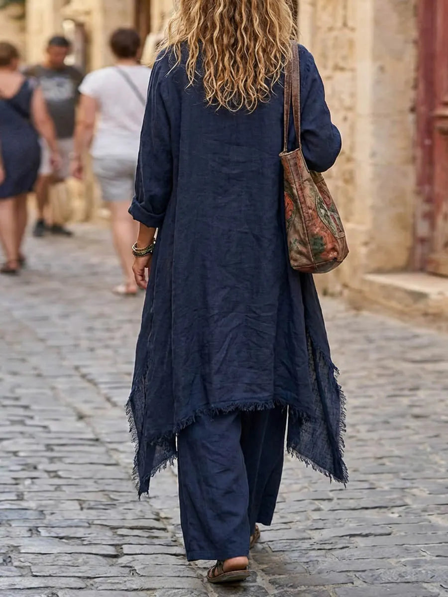 Women's Cowl-neck Long-sleeve Top And High-waisted Loose Wide-leg Pants Cotton-linen Set