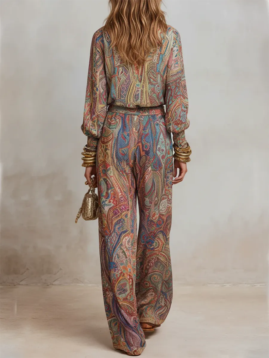 Boho Vintage Print Shirt & Wide-Leg Pants Two-Piece Set