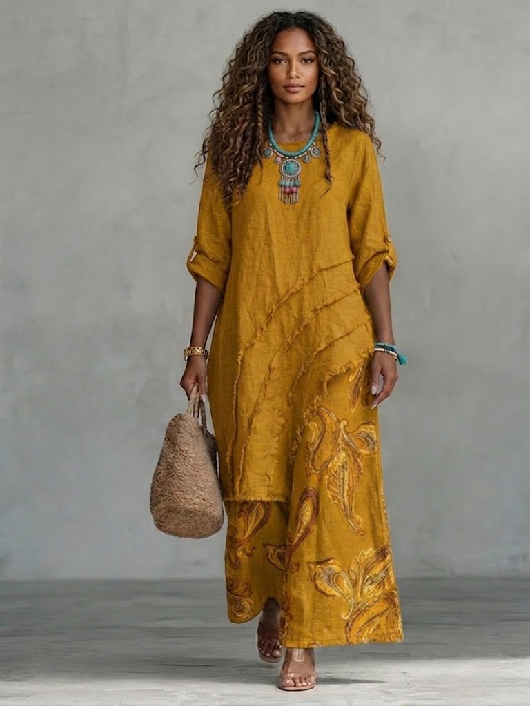 Casual Two-piece Set: Asymmetrical-hem Linen-cotton Top And Paisley-print Pants