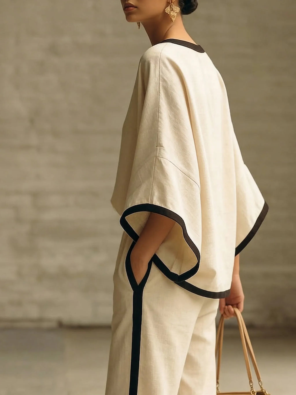 Elegant Trimmed Edge Loose Batwing Sleeve Cotton Linen Two-piece Set
