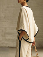 Elegant Trimmed Edge Loose Batwing Sleeve Cotton Linen Two-piece Set