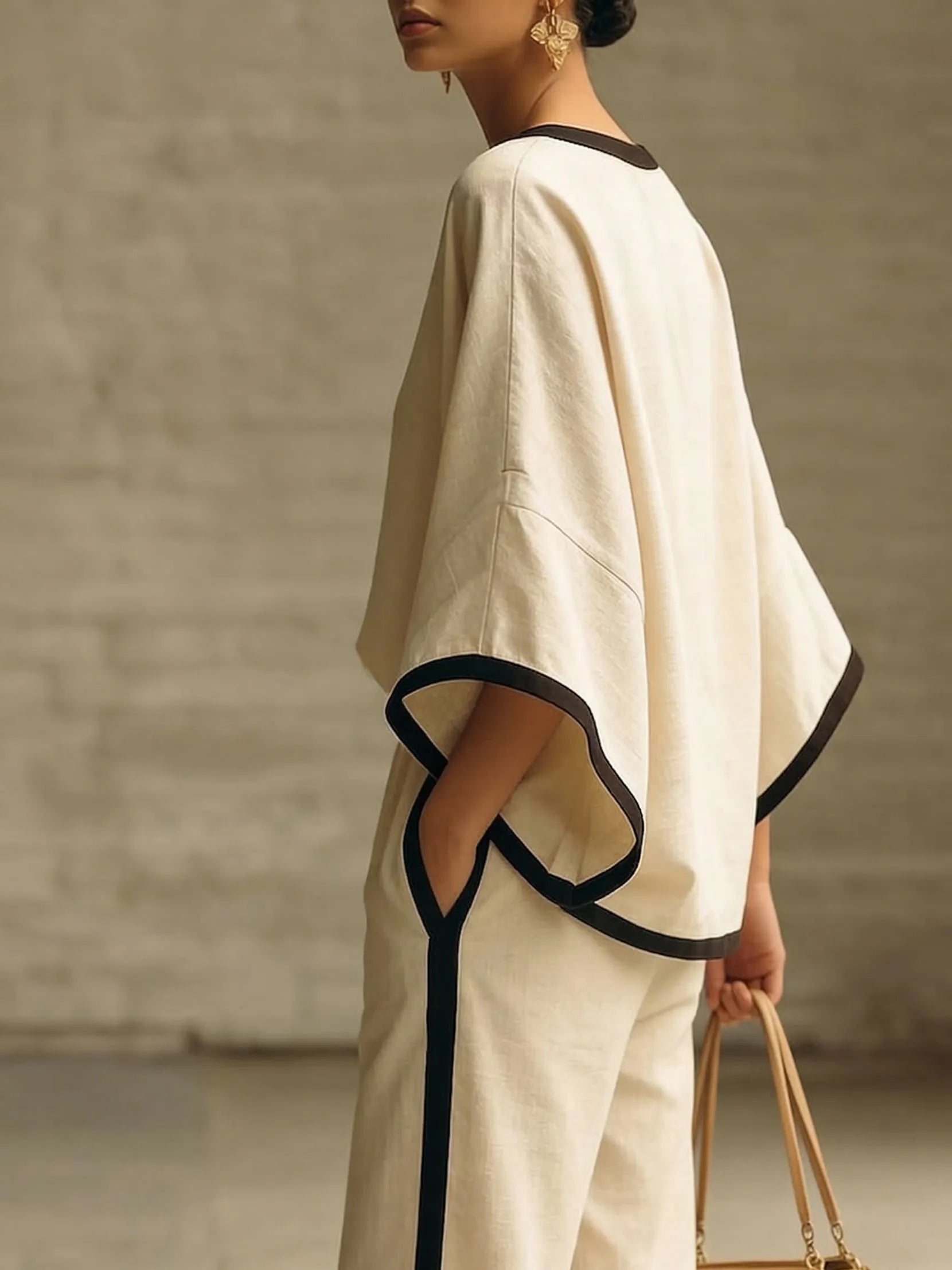 Elegant Trimmed Edge Loose Batwing Sleeve Cotton Linen Two-piece Set