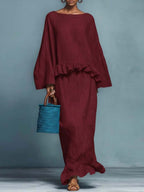 Women's Round Neck Long Sleeve Casual Loose Top And High Waist Casual Loose Skirt Cotton Linen Set