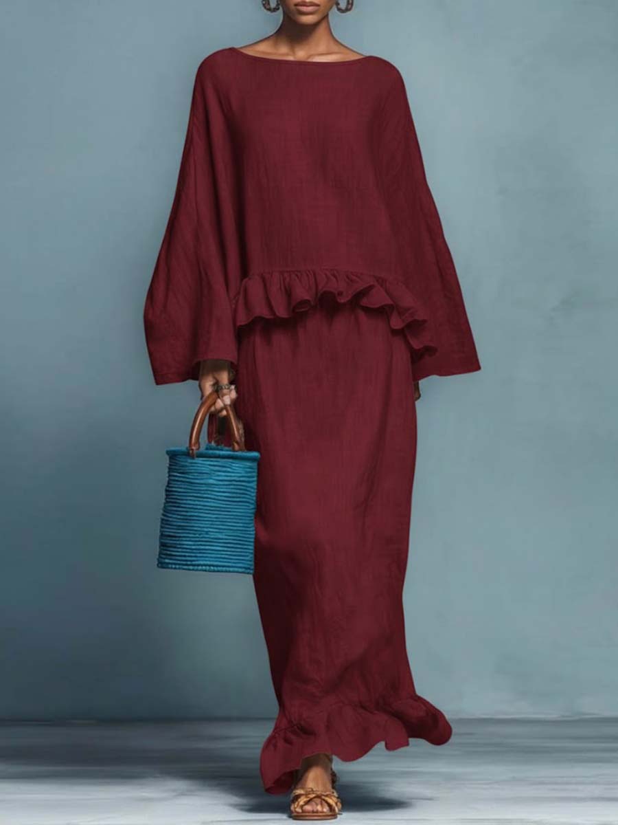 Women's Round Neck Long Sleeve Casual Loose Top And High Waist Casual Loose Skirt Cotton Linen Set