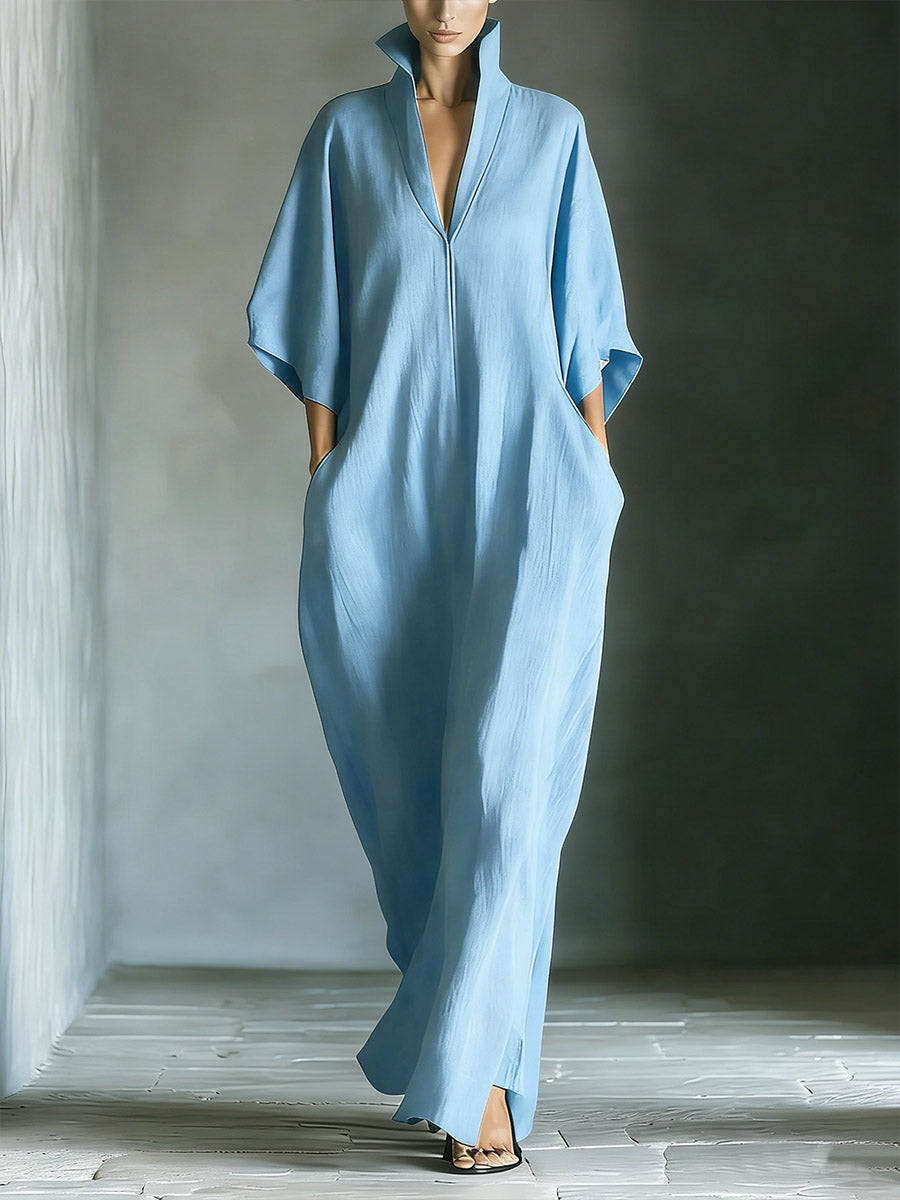 Women's Solid Color Stand Collar 3/4 Sleeve Casual Loose Cotton Linen Dress
