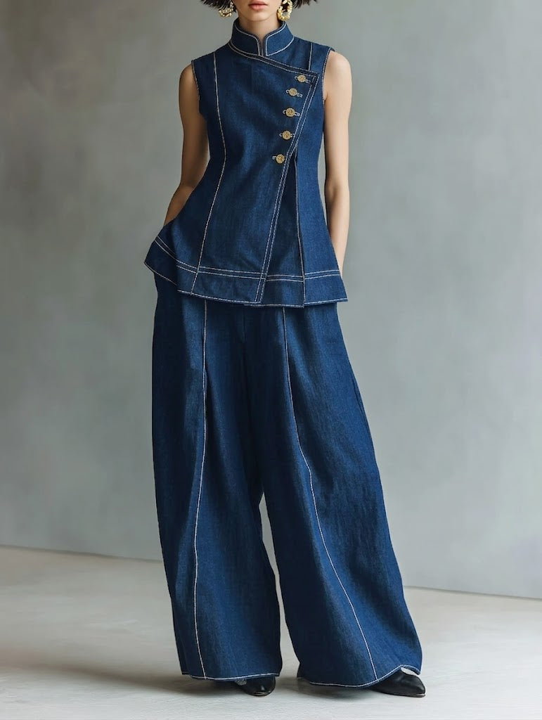 Casual Sleeveless Denim Top And Wide-leg Jeans Two-piece Set