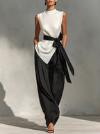 Women's Sleeveless Tie-front Detail Linen Top+ Wide-leg Pants Two-piece Set