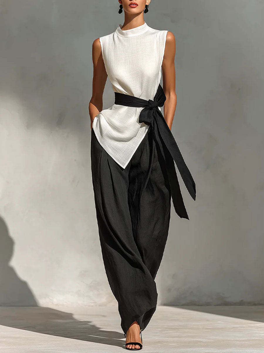 Women's Sleeveless Tie-front Detail Linen Top+ Wide-leg Pants Two-piece Set