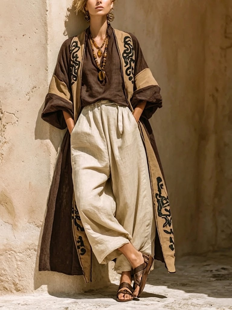 Bohemian Three-piece Set: Ethnic-print Cotton-linen Long Cardigan, Sleeveless Top, And Trousers