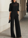 Women's Solid-color Two-piece Set: Stand-collar Short-sleeve, Loose-fit Chiffon Top & High-waisted Wide-leg Pants