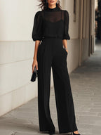 Women's Solid-color Two-piece Set: Stand-collar Short-sleeve, Loose-fit Chiffon Top & High-waisted Wide-leg Pants