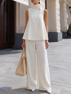 Women's Solid-color Cotton-linen Set: Stand-collar Sleeveless Loose-fit Top & Elastic-waist Wide-leg Pants