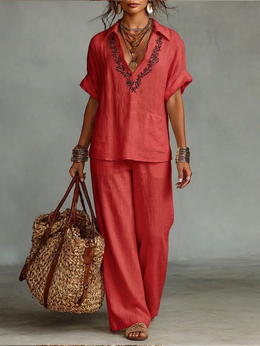 Casual Linen And Cotton Shirt And Trousers Two-piece Set