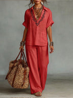 Casual Linen And Cotton Shirt And Trousers Two-piece Set