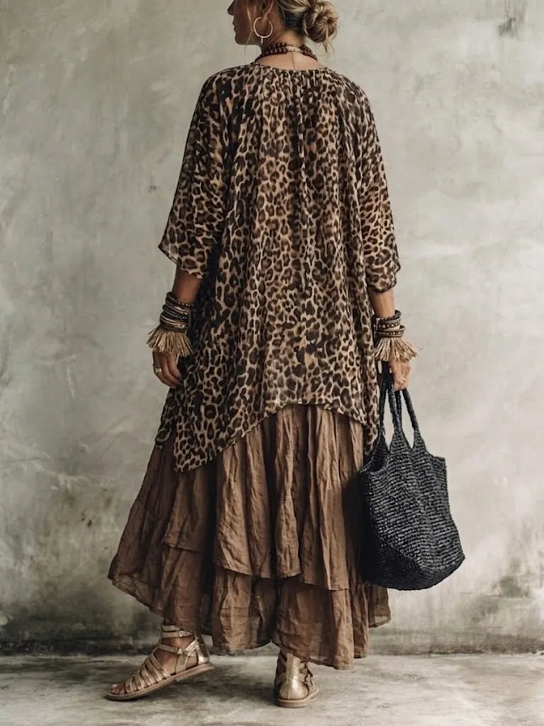 Women's Leopard Print Blouse With Distressed Half Skirt Cotton-linen Set