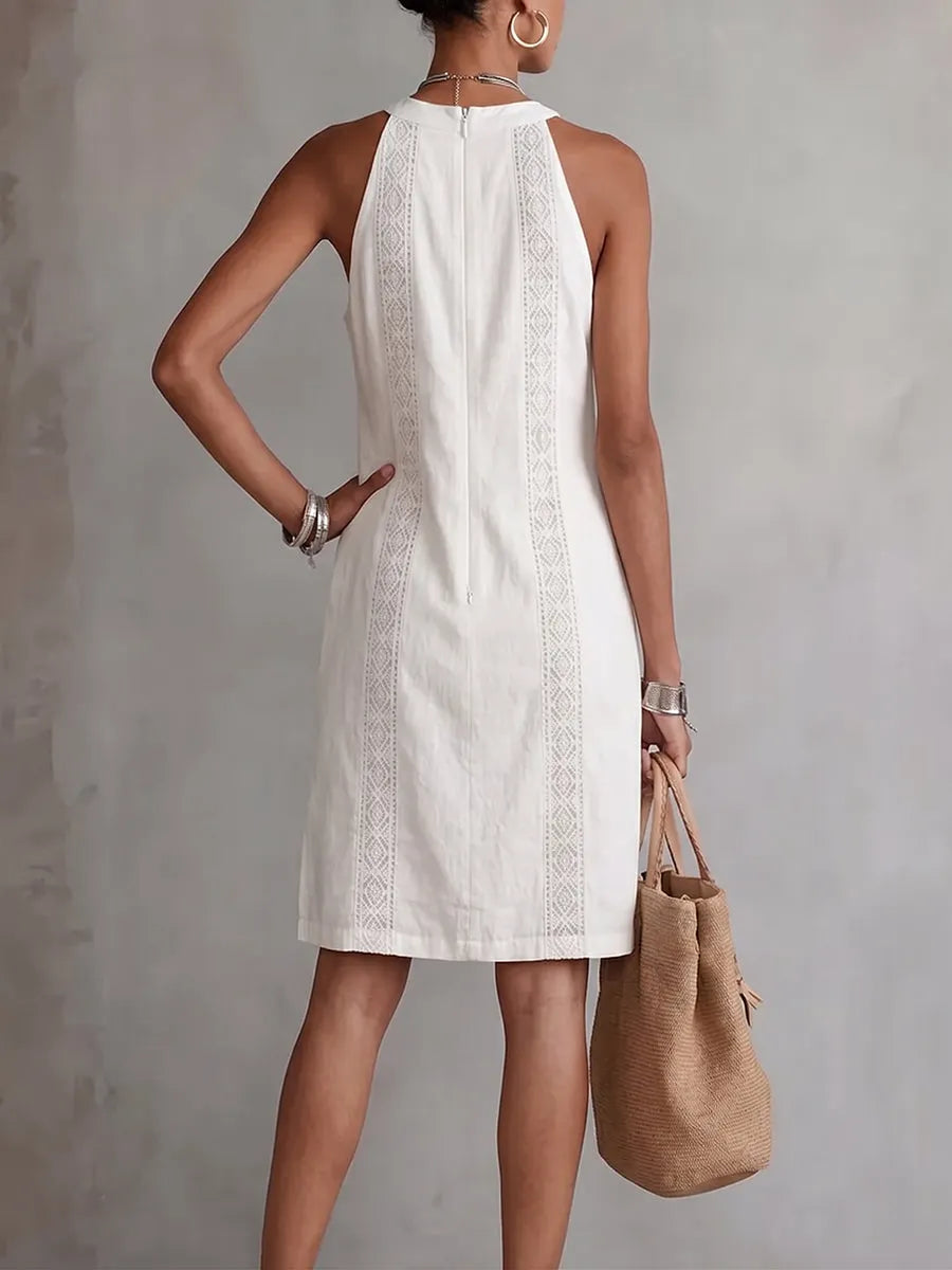Elegant Lace Halterneck Cotton-linen Dress
