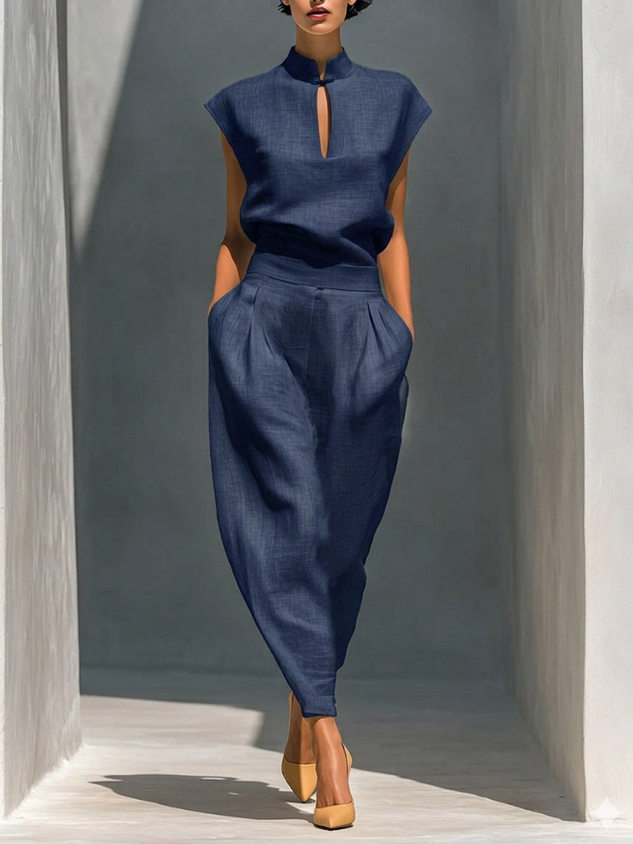 Women's Solid-color Stand-collar Sleeveless Loose-fit Cotton-linen Top & High-waisted Wide-leg Pants Casual Set