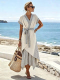 WOMEN'S CASUAL CONTRASTING STRIPED HALF SKIRT DRESS TWO-PIECE SET