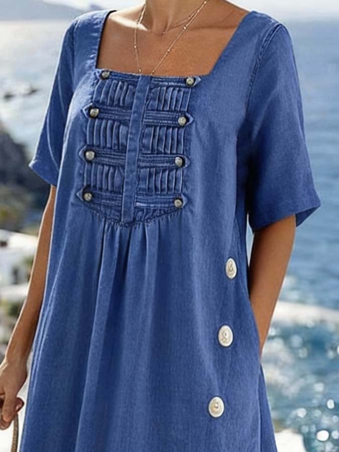 Women'S Casual Solid Color Dress With A Unique Square Neckline