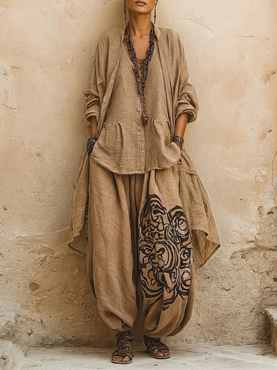 Casual Bohemian-style 3-piece Set: Linen & Cotton Cardigan, Sleeveless Top, And Pants