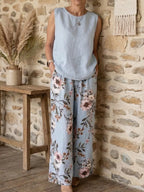 Casual Floral-print Cotton-linen Two-piece Set