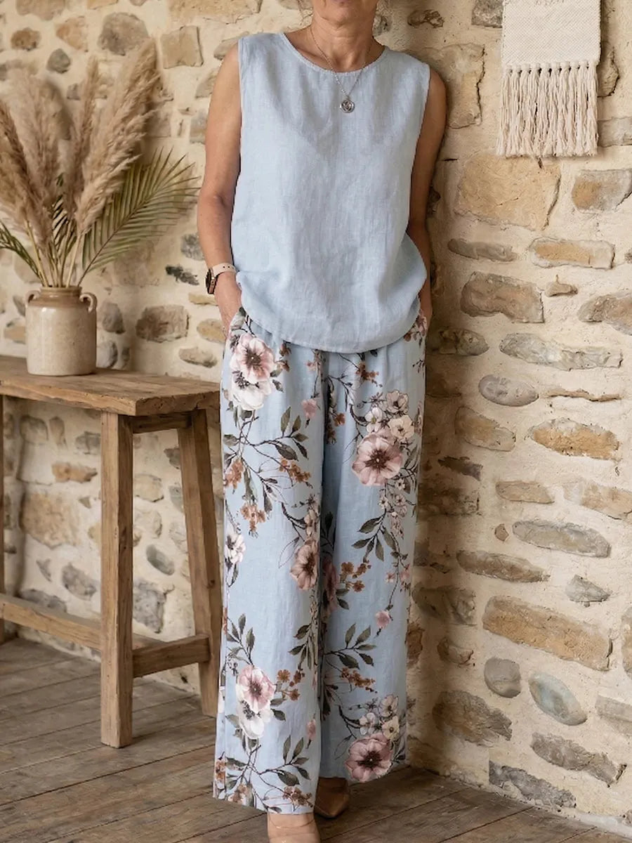 Casual Floral-print Cotton-linen Two-piece Set