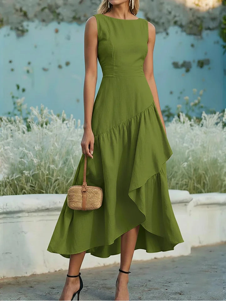 Women's Sleeveless Linen And Cotton Ruffle Hem Dress