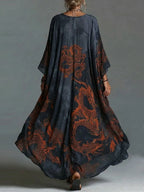 Women's Vintage V-neck Long-sleeve Casual Loose Cotton-linen Dress With Placement Print