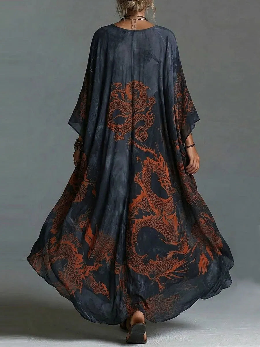 Women's Vintage V-neck Long-sleeve Casual Loose Cotton-linen Dress With Placement Print