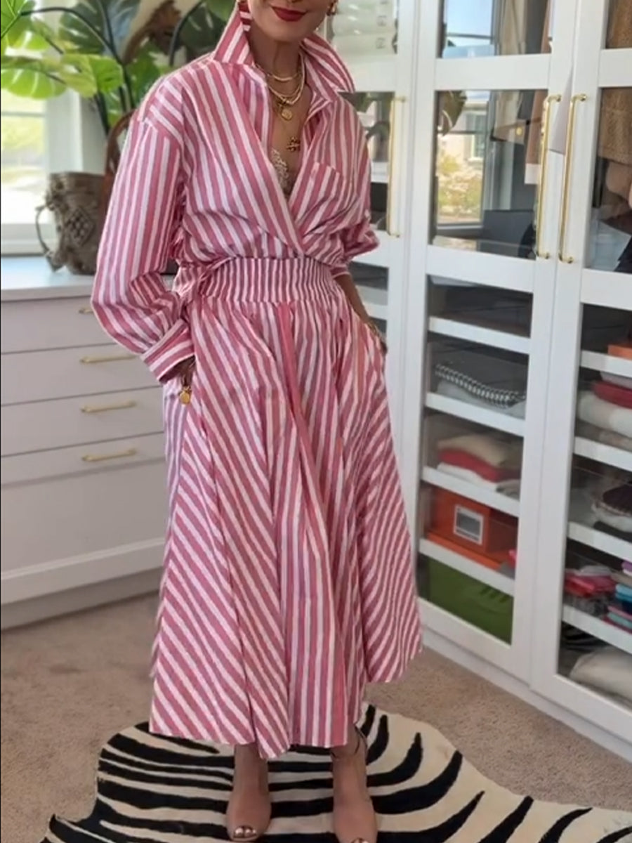 Casual & Comfortable Striped Linen-cotton Shirt And A-line Skirt Two-piece Set