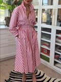 Casual & Comfortable Striped Linen-cotton Shirt And A-line Skirt Two-piece Set