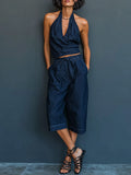 Women's V-neck Sleeveless Casual Loose Top And High-waisted Casual Loose Wide-leg Jeans Set