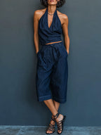 Women's V-neck Sleeveless Casual Loose Top And High-waisted Casual Loose Wide-leg Jeans Set