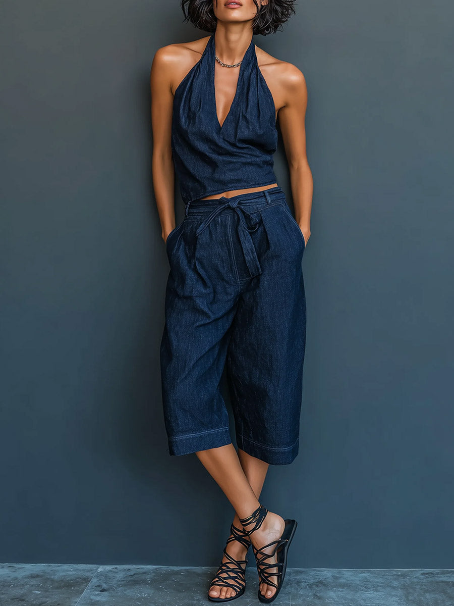 Women's V-neck Sleeveless Casual Loose Top And High-waisted Casual Loose Wide-leg Jeans Set