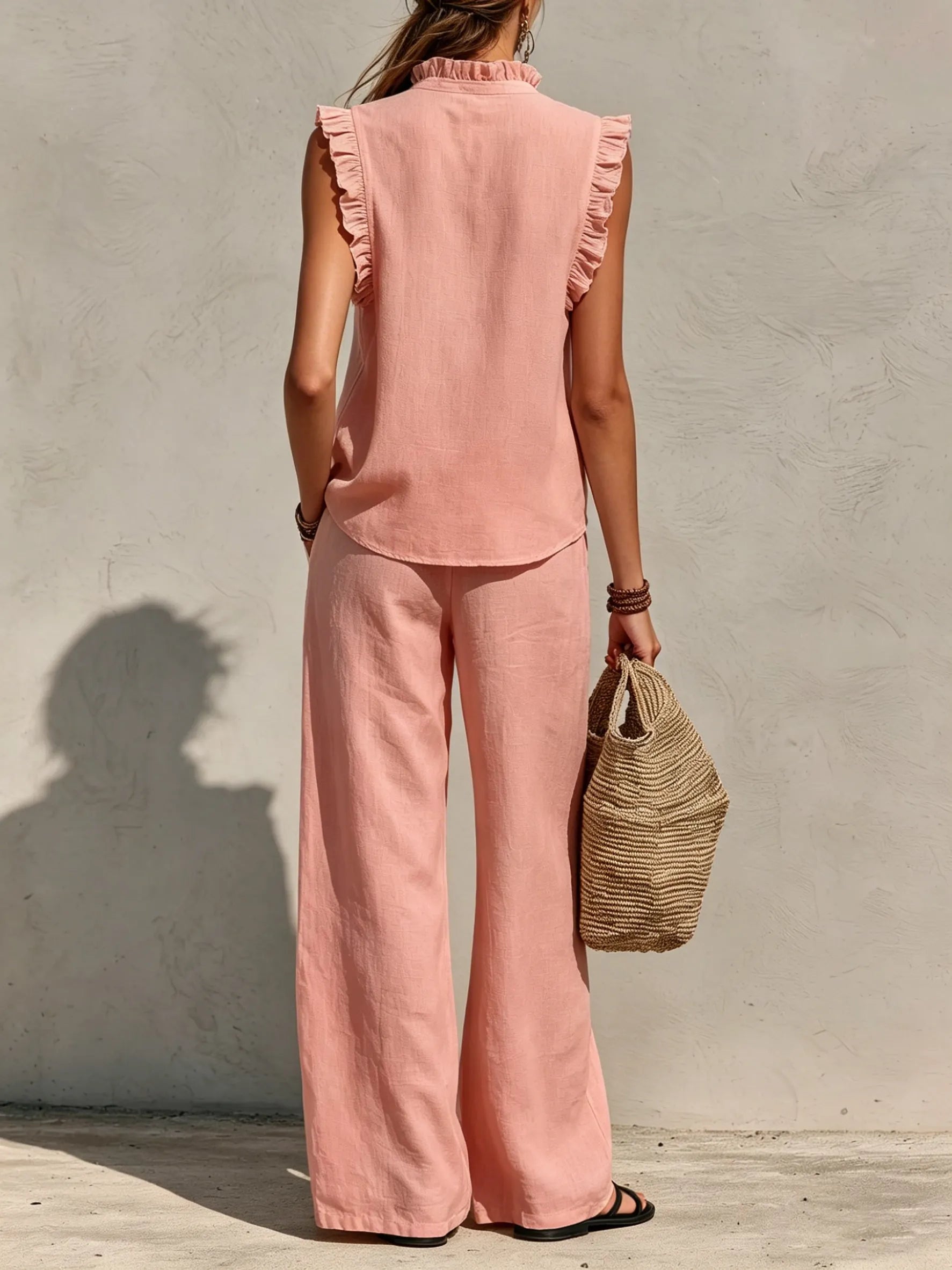 Sleeveless Ruffled V-neck Topï1⁄4elastic-waist Wide-leg Pants â Cotton-linen Casual Set