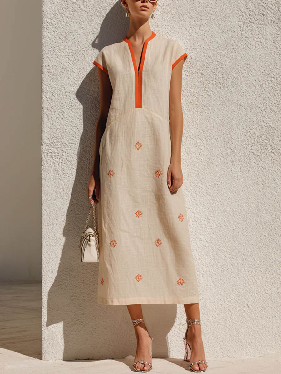 Women's V-neck Short-sleeve Casual Loose Cotton-linen Dress