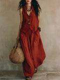 Women's Relaxed Sleeveless Simple Cotton-linen Wide-leg Pants Set