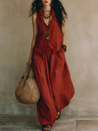 Women's Relaxed Sleeveless Simple Cotton-linen Wide-leg Pants Set