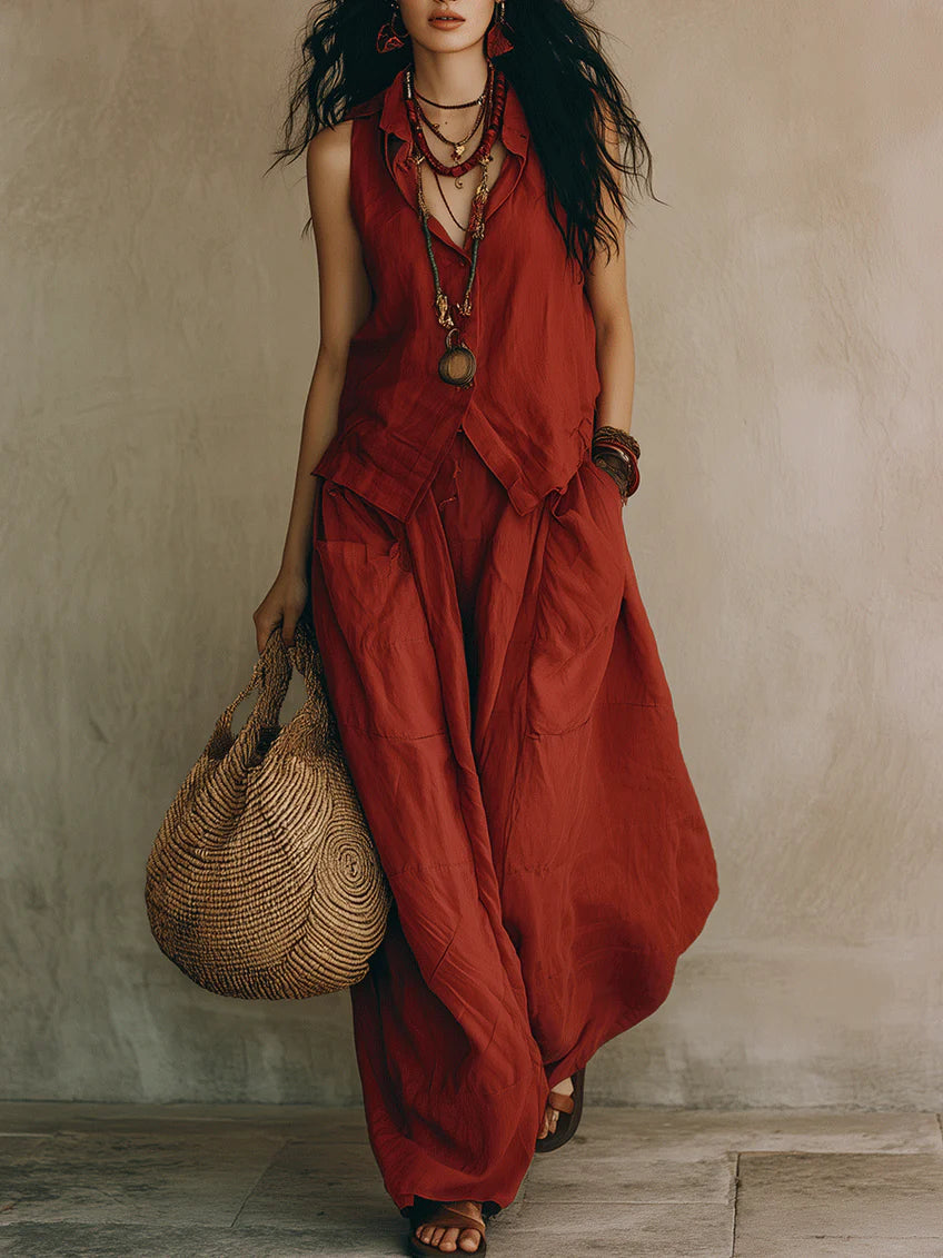 Women's Relaxed Sleeveless Simple Cotton-linen Wide-leg Pants Set