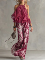 Women's Sleeveless Halter-neck Top And Printed Chiffon Pants Set