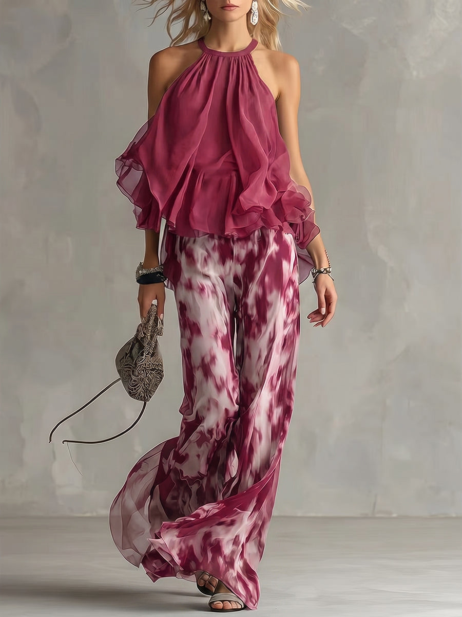 Women's Sleeveless Halter-neck Top And Printed Chiffon Pants Set