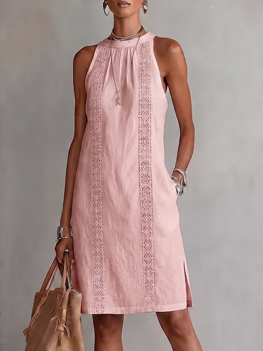 Elegant Lace Halterneck Cotton-linen Dress