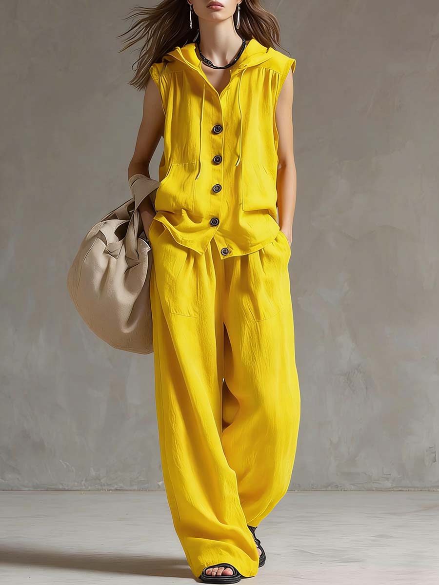 Women's Solid Color Sleeveless Casual Loose Hooded Top and High-Waisted Wide-Leg Cotton Set
