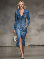 Retro V-neck Ruffled Denim Long-sleeved Midi Dress