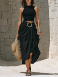 Stylish Casual Two-piece Set: Cotton Vest And Linen-cotton Skirt