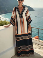 Women's Loose Contrast Stripe Printed Cotton and Linen Dress