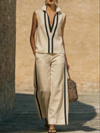 Elegant Trimmed Edge Color-blocked Cotton Linen Two-piece Set
